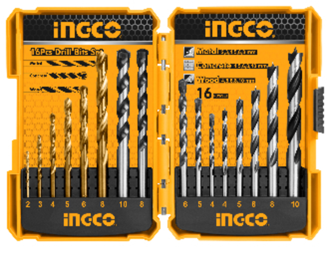 Ingco 16 Piece Metal Concrete and Wood Drill Bits Set