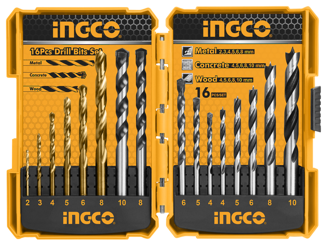 Ingco 16 Piece Metal Concrete and Wood Drill Bits Set